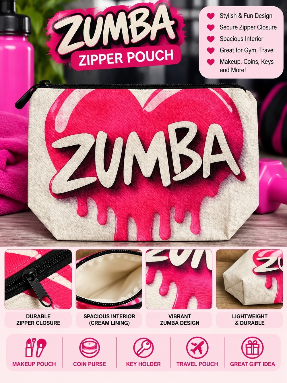 Zumba Fitness Hot Pink Heart Canvas Zipper Pouch